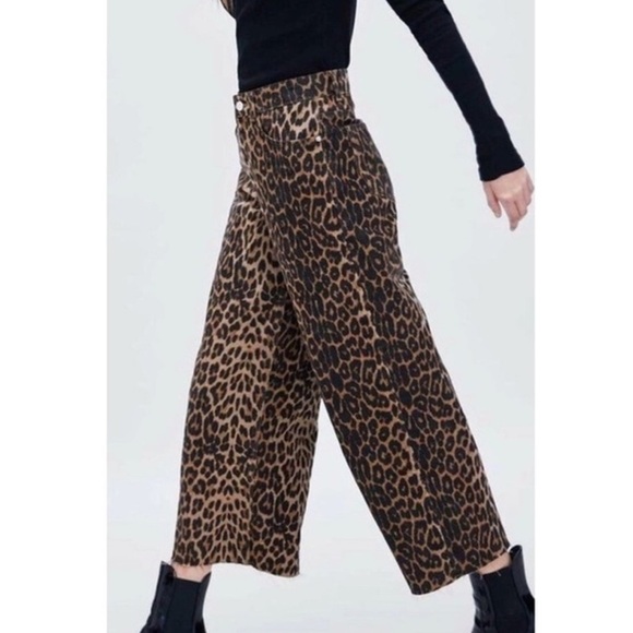 ZARA Leopard Cheetah Animal Print Wide Leg High Waisted Trouser Pants Size 2 - Picture 4 of 10